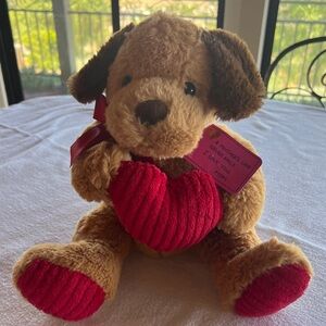 DanDee Soft Dog Plush Valentine’s Day Puppy Love Holding Red Ribbed Heart